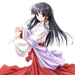 Rule 34 | 1girl, black hair, blunt bangs, blush, folding fan, from side, hakama, hakama skirt, hand fan, japanese clothes, long hair, long sleeves, looking at viewer, miko, red eyes, red hakama, sidelocks, simple background, skirt, smile, solo, tenmaso, white background