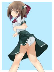 Rule 34 | 10s, 1girl, alternate costume, back, blue background, brown eyes, brown hair, clothes lift, cosplay, einhard stratos (cosplay), einhard stratos, hair ribbon, headband, headgear, kantai collection, lips, looking at viewer, looking back, lyrical nanoha, mahou shoujo lyrical nanoha vivid, neckerchief, noto mamiko, outside border, panties, puffy sleeves, ribbon, shirt, short hair, simple background, skirt, skirt lift, solo, sonyntendo, standing, taihou (kancolle), underwear, upskirt, voice actor connection, white panties