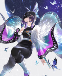 Rule 34 | 1girl, animal print, belt, black hair, black pants, blue eyes, breasts, bug, butterfly, butterfly hair ornament, butterfly on hand, butterfly print, coat, forehead, gradient hair, hair ornament, haori, highres, insect, japanese clothes, katana, kimetsu no yaiba, kochou shinobu, lips, long sleeves, looking at viewer, medium breasts, michi (iawei), multicolored hair, open mouth, pants, parted bangs, patterned background, purple hair, scabbard, sheath, sheathed, short hair, solo, sword, two-tone hair, uniform, weapon, wide sleeves