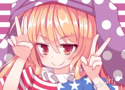 Rule 34 | 1girl, american flag, american flag dress, artist name, bags under eyes, beni shake, blonde hair, blush, clownpiece, collar, double v, frilled collar, frilled shirt collar, frills, hat, jester cap, long hair, neck ruff, polka dot, red eyes, shiny skin, simple background, smile, solo, striped, striped background, touhou, v
