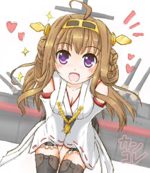 Rule 34 | 10s, 1girl, :d, bad id, bad pixiv id, bare shoulders, black thighhighs, blush, boots, breasts, brown hair, cannon, cleavage, detached sleeves, double bun, flipper, hair bun, hair ornament, hairband, headgear, heart, japanese clothes, kantai collection, kongou (kancolle), large breasts, long hair, looking at viewer, miko, nontraditional miko, open mouth, personification, purple eyes, ribbon-trimmed sleeves, ribbon trim, skirt, smile, solo, sparkle, thigh boots, thighhighs, turret, wide sleeves, zettai ryouiki