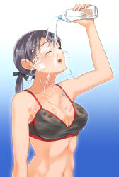 Rule 34 | 1girl, blue background, blush, bra, breasts, brown hair, cleavage, closed eyes, gertrud barkhorn, gradient background, grey bra, highres, hiroshi (hunter-of-kct), large breasts, navel, open mouth, simple background, solo, sports bra, strike witches, tongue, twintails, underwear, white background, world witches series
