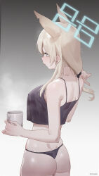 Rule 34 | 1girl, animal ear fluff, animal ears, ass, bare shoulders, black panties, black shirt, blonde hair, blue archive, blue eyes, blue halo, breasts, chilakkk, coffee mug, cup, extra ears, gradient background, halo, highres, holding, holding cup, kanna (blue archive), large breasts, long hair, mug, panties, shirt, solo, underwear