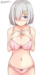 Rule 34 | 1girl, blue eyes, blush, bra, breasts, chaa (korone-ze), cleavage, collarbone, cowboy shot, embarrassed, hair ornament, hair over one eye, hairclip, hamakaze (kancolle), highres, kantai collection, large breasts, looking at viewer, navel, nose blush, own hands together, panties, pink bra, pink panties, short hair, silver hair, simple background, skindentation, solo, standing, twitter username, underwear, underwear only, upper body, white background