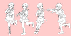 Rule 34 | 1girl, absurdres, adaptive combat rifle, adjusting clothes, adjusting legwear, aiming, ammunition pouch, arm at side, assault rifle, belt pouch, boots, breasts, closed mouth, commentary request, cross-laced footwear, eating, folding stock, food, food request, from side, frown, full body, gun, gun sling, hair ornament, hairclip, highres, holding, holding food, holding gun, holding weapon, knee boots, kyu-kurarin (cevio), lace-up boots, leg up, lineart, load bearing vest, looking afar, looking ahead, looking to the side, magazine (weapon), multiple girls, multiple persona, multiple views, neck ribbon, parted bangs, parted lips, pink background, pleated skirt, pouch, profile, rakugaki wa yapon., ribbon, rifle, sailor collar, school uniform, serafuku, shoelaces, short hair, short sleeves, simple background, single stripe, sketch, skirt, small breasts, standing, standing on one leg, striped, thighhighs, tsurime, turning head, variations, walking, weapon, weapon on back, zettai ryouiki