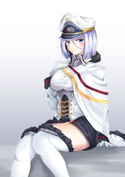 Rule 34 | &gt;:), 1girl, azur lane, black skirt, blue eyes, breasts, cape, closed mouth, commentary request, cross, cross earrings, earrings, fur trim, gloves, gradient background, grey background, hair between eyes, hand on own chest, hand up, hat, highres, jewelry, latin cross, long sleeves, peaked cap, purple hair, shirt, sitting, skirt, smile, solo, thighhighs, tirpitz (azur lane), underboob, v-shaped eyebrows, white background, white cape, white gloves, white hat, white shirt, white thighhighs, yumibakama meme