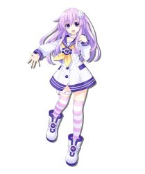 Rule 34 | 1girl, :d, alpha transparency, artist request, boots, buttons, choujigen game neptune sisters vs sisters, collar, collarbone, d-pad, d-pad hair ornament, dot nose, dress, drop shadow, floating hair, full body, hair ornament, hand up, highres, holster, long hair, long sleeves, looking at viewer, neckerchief, nepgear, neptune (series), official art, open mouth, outstretched arm, pink thighhighs, purple eyes, purple hair, purple sailor collar, sailor collar, sailor dress, short dress, smile, solo, standing, standing on one leg, straight hair, striped clothes, striped thighhighs, tachi-e, thighhighs, transparent background, white collar, white footwear, yellow neckerchief, zettai ryouiki