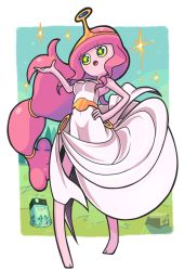 Rule 34 | 1boy, 1girl, adventure time, bare shoulders, barefoot, blue eyes, bmo, breasts, cartoon network, colored skin, dress, gashi-gashi, hand on own hip, highres, long hair, open mouth, pink hair, pink skin, princess bonnibel bubblegum, solo, sparkle, star-shaped pupils, star (symbol), symbol-shaped pupils, tiara