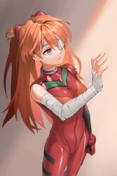 Rule 34 | 1girl, absurdres, bandaged arm, bandages, blue eyes, bodysuit, breasts, brown hair, expressionless, hair ornament, hanho, highres, long hair, long sleeves, neon genesis evangelion, plugsuit, red bodysuit, shiny clothes, simple background, solo, souryuu asuka langley, standing, the end of evangelion, two side up, very long hair, wide hips
