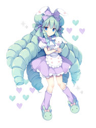 Rule 34 | 1girl, animal, animal ears, animal slippers, apron, blue eyes, blush, bow, closed mouth, commentary request, commission, drill hair, frilled apron, frilled bow, frills, full body, green footwear, green hair, hair bow, heart, highres, izuminanase, long hair, loose socks, miruku (cutesuu), original, pixiv commission, pleated skirt, puffy short sleeves, puffy sleeves, purple bow, purple skirt, purple socks, rabbit, rabbit ears, ribbed legwear, shirt, short sleeves, simple background, skirt, slippers, smile, socks, solo, very long hair, waist apron, white apron, white background, white shirt