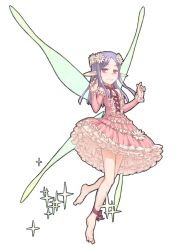 Rule 34 | 1girl, ankle ribbon, barefoot, character request, detached sleeves, dress, fairy, fairy wings, flower, frilled dress, frills, full body, hair flower, hair ornament, himeou to saigo no kishidan, leg ribbon, long hair, looking at viewer, official art, pointy ears, purple hair, red eyes, ribbon, shoe-ji, simple background, smile, solo, swept bangs, white background, wings