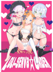 Rule 34 | 3girls, abigail williams (fate), areola slip, bare shoulders, black bow, black headwear, black legwear, black shirt, blonde hair, blue eyes, blush, bow, cat lingerie, cover, cover page, doll joints, fate/apocrypha, fate/extra, fate/grand order, fate (series), frills, green eyes, grey hair, hair between eyes, hair bow, hat, heart, highres, jack the ripper (fate/apocrypha), joints, long hair, long sleeves, meme attire, multiple girls, multiple hair bows, navel, nipple slip, nipples, nursery rhyme (fate), one eye closed, open mouth, orange bow, pink eyes, polka dot, polka dot bow, shirt, sidelocks, single thighhigh, smile, thighhighs, v, very long hair
