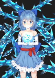 Rule 34 | 1girl, absurdres, alternate costume, armpit crease, arms up, bare shoulders, black background, blue bow, blue dress, blue eyes, blue hair, bow, cirno, collarbone, commentary request, cowboy shot, dress, elbow gloves, enki 1021, gloves, hair between eyes, hair bow, highres, ice, ice wings, looking at viewer, open hands, petticoat, pleated dress, red sash, sash, short hair, simple background, smile, solo, standing, strapless, strapless dress, thorns, touhou, wings