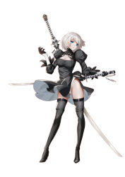 Rule 34 | 1girl, a309267162, absurdres, black dress, black footwear, blue eyes, boots, breasts, cameltoe, cleavage, cleavage cutout, clothing cutout, contrapposto, dress, gloves, hand up, high heel boots, high heels, highres, holding, holding sword, holding weapon, huge weapon, juliet sleeves, katana, leotard, leotard peek, leotard under clothes, long sleeves, looking at viewer, medium breasts, nier:automata, nier (series), no blindfold, puffy long sleeves, puffy sleeves, sheath, sheathed, short dress, short hair, side slit, simple background, solo, standing, sword, thigh boots, thighhighs, weapon, weapon on back, white background, white hair, white leotard, wind, wind lift, 2b (nier:automata)