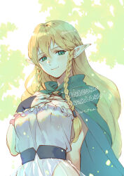 1girl belt black_belt blonde_hair blush braid breasts bridal_gauntlets cape cleavage closed_mouth commentary_request copyright_name elf eltolinde_(unicorn_overlord) green_cape green_eyes hair_between_eyes hand_on_own_chest highres leotard long_hair looking_at_viewer medium_breasts nerikiri6 pointy_ears see-through_clothes see-through_skirt skirt smile solo twin_braids unicorn_overlord very_long_hair white_leotard