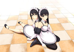 Rule 34 | 2girls, back-to-back, bad id, bad pixiv id, bare shoulders, black hair, black legwear, blush, breasts, checkered floor, cleavage, cocona (coconacafe), detached collar, detached sleeves, frills, long hair, looking at viewer, maid, maid headdress, medium breasts, multiple girls, no socks, original, pantyhose, siblings, sisters, sitting, sleeves past wrists, small breasts, smile, wariza, yellow eyes