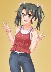 Rule 34 | 1girl, :d, alternate costume, anti (untea9), bare shoulders, commentary request, cowboy shot, denim, double v, green eyes, green hair, hair ribbon, highres, jeans, kantai collection, looking at viewer, open mouth, orange background, pants, polka dot, ribbon, shirt, simple background, sleeveless, sleeveless shirt, smile, solo, tank top, v, white ribbon, white shirt, zuikaku (kancolle)