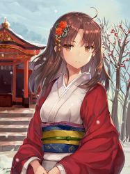 Rule 34 | 10s, 1girl, 2016, :|, brown eyes, brown hair, closed mouth, cloud, cloudy sky, dated, day, flower, hair flower, hair ornament, japanese clothes, kara no kyoukai, kimono, long hair, long sleeves, looking at viewer, momoko (momopoco), new year, obi, outdoors, ryougi shiki, sash, shrine, sky, solo, standing, wide sleeves
