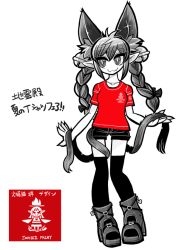 Rule 34 | 1girl, alternate costume, animal ears, boots, bow, braid, cat ears, cat tail, contemporary, hair bow, hat, image sample, kaenbyou rin, long hair, md5 mismatch, monochrome, multiple tails, nekomata, resized, shirt, short shorts, shorts, solo, spot color, t-shirt, tail, touhou, twin braids, yt (wai-tei), zombie fairy (touhou)