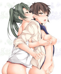 Rule 34 | 10s, 2girls, ;o, ass, bare shoulders, grabbing another&#039;s breast, breast press, breasts, brown eyes, brown hair, butt crack, covering privates, covering crotch, ear licking, from side, grabbing, grabbing from behind, green eyes, green hair, hair ribbon, highres, kaga (kancolle), kantai collection, licking, long hair, long sleeves, looking back, medium breasts, motion lines, multiple girls, navel, nipples, no panties, off shoulder, one eye closed, open clothes, open mouth, open shirt, profile, ribbon, ruschuto, shirt, short hair, sleeves past elbows, stomach, trembling, twintails, white ribbon, white shirt, yuri, zuikaku (kancolle)