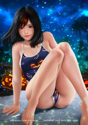 Rule 34 | 1girl, ass, bad id, bad pixiv id, barefoot, black hair, breasts, brown eyes, chalk, jack-o&#039;-lantern, lips, long hair, looking at viewer, medium breasts, nefrubi, night, one-piece swimsuit, original, sitting, sky, smile, solo, star (sky), starry sky, swimsuit, two side up, watermark, web address, wind