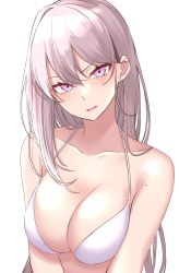 Rule 34 | 1girl, absurdres, bikini, blue eyes, blush, breasts, cleavage, collarbone, commentary, ear piercing, eyelashes, hair between eyes, halterneck, head tilt, highres, ichiki 1, large breasts, long hair, looking at viewer, mole, mole on arm, multicolored eyes, open mouth, original, piercing, pink eyes, silver hair, simple background, solo, straight hair, string bikini, swimsuit, upper body, white background, white bikini