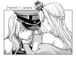 Rule 34 | 2girls, anchor, bismarck (kancolle), braid, crown, dress, closed eyes, french braid, greyscale, hand on own chin, hat, head rest, kantai collection, long hair, mini crown, monochrome, multiple girls, off-shoulder dress, off shoulder, peaked cap, warspite (kancolle), yamada rei (rou)