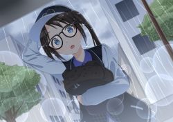 Rule 34 | 1girl, arm up, baseball cap, black hair, blue eyes, blush, commentary request, david dai, glasses, hat, idolmaster, idolmaster shiny colors, lens flare, lens flare abuse, long hair, looking at viewer, mitsumine yuika, open mouth, rain, solo, sparkle, twintails, wet, wet clothes, wet hair