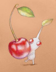 Rule 34 | brown background, cherry, colored pencil (medium), colored skin, commentary, cortoony, english commentary, food, fruit, holding, holding food, holding fruit, leaf, looking at viewer, marker (medium), no humans, painting (medium), pikmin (creature), pikmin (series), red eyes, shadow, tiny, traditional media, walking, watercolor (medium), white pikmin, white skin