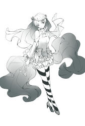 Rule 34 | 1girl, alternate costume, androgynous, bare shoulders, breasts, circlet, cleavage, cleavage cutout, clothing cutout, dress, flower, frilled dress, frills, full body, genderswap, genderswap (otf), greyscale, high heels, highres, houseki no kuni, looking at viewer, medium breasts, monochrome, phosphophyllite, see-through, see-through sleeves, shieryue164, short dress, short hair, shoulder cutout, simple background, solo, standing, striped