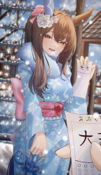 Rule 34 | admire vega (racehorse), animal ears, blue kimono, brown hair, hair ornament, highres, horse ears, horse girl, horse tail, japanese clothes, kimono, looking at viewer, open mouth, paper, petals, pov, rang c, red eyes, ribbon, smile, star (symbol), star hair ornament, tail, umamusume