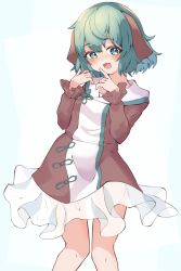 Rule 34 | 1girl, :3, :d, animal ears, brown dress, dog ears, dress, frilled dress, frills, green eyes, green hair, gumi 9357, gumichan, highres, kasodani kyouko, long sleeves, looking at viewer, open mouth, short hair, simple background, smile, solo, standing, touhou, white background