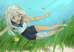 Rule 34 | 10s, 1girl, air bubble, algae, bare legs, barefoot, blonde hair, blue eyes, breath, bubble, bushinofuji, commentary request, covered navel, crop top, cuttlefish, feet, fish, flower, freediving, hair flower, hair ornament, highres, kantai collection, long hair, one-piece tan, open mouth, ro-500 (kancolle), sailor collar, school swimsuit, solo, swimming, swimsuit, swimsuit under clothes, tan, tanline, toes, underwater, water