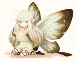 Rule 34 | 1girl, 5pb., aerie (bravely default), bad id, bad pixiv id, bare shoulders, blue eyes, bravely default: flying fairy, bravely default (series), butterfly wings, dress, fairy, gloves, gradient hair, insect wings, long hair, multicolored hair, paper, pointy ears, quill, sitting, soyu (game love), very long hair, wings
