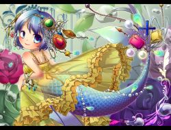 Rule 34 | 1girl, ahoge, air bubble, alternate costume, babydoll, backless outfit, bare arms, bare shoulders, blue eyes, blue flower, blue gemstone, blue hair, blue rose, bracelet, bubble, chain necklace, cross, dress, earrings, fins, flower, gem, green flower, green rose, hair ornament, head fins, highres, jewelry, kakiikada, leaf, letterboxed, lingerie, looking at viewer, looking back, lots of jewelry, matching hair/eyes, mermaid, monster girl, necklace, pearl (gemstone), pectoral fin, purple flower, purple rose, red flower, red gemstone, red rose, rose, see-through, short hair, skirt hold, sleeveless, sleeveless dress, smile, solo, tail, tail ornament, thorns, topaz (stone), touhou, underwater, underwear, wakasagihime