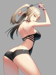 Rule 34 | 1girl, arched back, ass, back, backless swimsuit, bad id, bad twitter id, black one-piece swimsuit, blonde hair, blue eyes, blush, breasts, closers, cowboy shot, eyelashes, fingernails, from side, grey background, haje, harpy (closers), highres, jpeg artifacts, large breasts, long fingernails, long hair, looking at viewer, mole, mole on thigh, one-piece swimsuit, ponytail, sideways mouth, simple background, skindentation, smile, solo, standing, swimsuit, very long hair