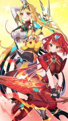 Rule 34 | 2girls, absurdres, adapted costume, aegis sword (xenoblade), bare shoulders, black pantyhose, blonde hair, blush, breasts, chest jewel, cleavage, clothed pokemon, cosplay pikachu, dress, earrings, elbow gloves, gen 1 pokemon, gloves, headpiece, highres, jewelry, large breasts, long hair, multiple girls, mythra (massive melee) (xenoblade), mythra (xenoblade), nintendo, open mouth, pantyhose, pikachu, pikachu libre, pokemon, pokemon (creature), pyra (xenoblade), red eyes, red hair, red shorts, short hair, shorts, smile, super smash bros., swept bangs, sword, thighhighs, thighhighs over pantyhose, tiara, very long hair, weapon, white dress, xenoblade chronicles (series), xenoblade chronicles 2, yasaikakiage, yellow eyes