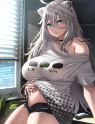 Rule 34 | 1girl, ahoge, animal ears, black nails, blush, breasts, choker, ear piercing, grey eyes, grey hair, gun, hair between eyes, highres, hololive, large breasts, lion ears, lion girl, long hair, looking at viewer, moisture (chichi), nail polish, navel, open fly, oversized clothes, oversized shirt, panties, piercing, shirt, shishiro botan, shishiro botan (casual), short shorts, shorts, solo, ssrb (shishiro botan), sunlight, thighs, underwear, virtual youtuber, weapon