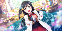 Rule 34 | 1girl, aqua flower, aqua rose, artist name, artist request, beige jacket, black hair, blue hair, blue neckwear, blush, bow, bowtie, breasts, brown jacket, center frills, chase (love live!), clenched hands, collared shirt, cropped jacket, dark blue hair, dress, dress shirt, feather hair ornament, feathers, female focus, flower, flower print, frilled dress, frilled skirt, frills, gloves, grey eyes, hair flower, hair ornament, half gloves, highres, indoors, jacket, lab coat, laboratory, light brown jacket, long hair, looking at viewer, love live!, love live! nijigasaki high school idol club, love live! school idol festival, love live! school idol festival all stars, medium breasts, miniskirt, necktie, nijigasaki academy school uniform, parted lips, petals, pink neckwear, pink petals, plaid, plaid skirt, pleated, pleated skirt, ponytail, red bow, red neckwear, red skirt, rose, school uniform, shirt, side ponytail, skirt, smile, solo, sparkle, sunlight, v-shaped eyebrows, white feathers, white gloves, white shirt, window, yellow flower, yellow jacket, yellow rose, yuki setsuna (love live!)