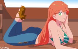 Rule 34 | 1girl, absurdres, armpits, ass, asymmetrical hair, blouse, bra, breasts, cleavage, cosplay, creatures (company), denim, game freak, gen 1 pokemon, green eyes, gym leader, highres, jeans, large breasts, legs, lirudraw, long hair, lying, misty (pokemon), nami (one piece), navel, nintendo, on side, on stomach, one piece, orange hair, pants, pokemon, pokemon (anime), pokemon (classic anime), ponytail, shirt, side ponytail, smile, solo, the pose, thighs, underwear, white shirt