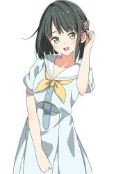 Rule 34 | 1girl, :d, black hair, blunt bangs, blunt ends, blush, collarbone, commentary, cowboy shot, djpwjd1, dress, flower, flower knot, green eyes, hair flower, hair ornament, hand on own ear, hasu no sora school uniform, highres, link! like! love live!, looking at viewer, love live!, momose ginko, neckerchief, open mouth, pleated dress, sailor collar, sailor dress, school uniform, short hair, short sleeves, simple background, smile, solo, summer uniform, teeth, upper teeth only, virtual youtuber, white background, white dress, white sailor collar, yellow neckerchief