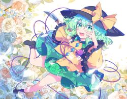 Rule 34 | 1girl, black footwear, black hat, blouse, boots, bow, bright pupils, buttons, diamond button, eyeball, floral print, flower, frilled shirt collar, frilled sleeves, frills, full body, green eyes, green skirt, hat, hat bow, hat ribbon, heart, heart of string, highres, holding, holding knife, kaoling, knife, komeiji koishi, light green hair, long sleeves, looking at viewer, medium hair, open mouth, ribbon, rose, rose print, shirt, skirt, smile, solo, sparkle, third eye, touhou, wavy hair, wide sleeves, yellow bow, yellow ribbon, yellow shirt