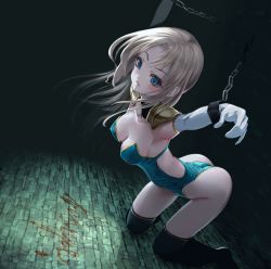 Rule 34 | armor, armpits, arms up, ass, black thighhighs, blonde hair, blue eyes, breasts, celes chere, chain, cleavage, cuffs, elbow gloves, final fantasy, final fantasy vi, gloves, green leotard, kneeling, leotard, long hair, outstretched arms, pauldrons, restrained, shoulder armor, solo, strapless, strapless leotard, thighhighs, white gloves