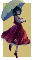 Rule 34 | 1girl, ascot, backlighting, blush, bobby socks, flower button, frilled skirt, frills, full body, green hair, highres, holding, holding umbrella, kazami yuuka, long skirt, long sleeves, looking at viewer, open clothes, open mouth, open vest, plaid, plaid skirt, plaid vest, red eyes, red footwear, red skirt, red vest, shirt, short hair, skirt, skirt set, smile, socks, solo, street dog, tan background, touhou, two-tone background, umbrella, vest, wavy hair, white background, white shirt, white socks, yellow ascot, zun (style)