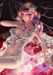 Rule 34 | 1girl, arm support, black nails, branch, breasts, checkered floor, cleavage, collarbone, dress, fangs, fingernails, flower, hair flower, hair ornament, highres, large breasts, long fingernails, long hair, looking at viewer, nail polish, navel, original, parted lips, petals, pink hair, purple flower, purple rose, red eyes, rose, rose petals, ryuki@maguro-ex, see-through, sharp fingernails, sidelocks, signature, sitting, solo, swept bangs, veins, veiny breasts, wavy hair, white dress, white flower, white rose, yellow flower, yellow rose