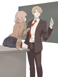 Rule 34 | 1boy, 1girl, blonde hair, blue eyes, blush, brown cardigan, cardigan, chalk, chalkboard, collared shirt, desk, formal, highres, holding, holding chalk, jacket, light brown hair, long hair, looking at another, necktie, necktie grab, neckwear grab, on desk, original, parted lips, pleated skirt, red necktie, shirt, sitting, on desk, sketch, skirt, suit, teacher and student, timbougami, white shirt