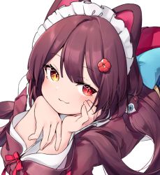 Rule 34 | 1girl, :d, animal ears, blush, brown hair, closed mouth, dog ears, hair ornament, head rest, heterochromia, inui toko, long hair, long sleeves, looking at viewer, lying, maid, maid headdress, nijisanji, on stomach, open mouth, red eyes, smile, solo, sukuna136, twintails, upper body, virtual youtuber, wa maid, yellow eyes