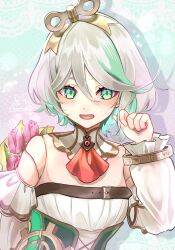 1girl absurdres bouquet cecilia_immergreen colored_inner_hair detached_collar detached_sleeves dress flower green_eyes green_hair grey_hair highres holding holding_bouquet hololive hololive_english kaaaaak553 multicolored_hair strapless strapless_dress virtual_youtuber winding_key