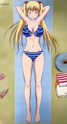 Rule 34 | 00s, 1girl, absurdres, akizuki airi, arms behind head, bag, barefoot, beach, bikini, blonde hair, blue gale, blush, breasts, cleavage, closed eyes, feet, female focus, from above, full body, hair ornament, highres, large breasts, long hair, lying, navel, on back, oni chichi, poro, sand, screencap, shoes, solo, swimsuit, towel, twintails