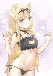 Rule 34 | 1girl, alternate costume, animal ears, bad id, bad twitter id, bell, neck bell, blonde hair, breasts, cat cutout, cat ear panties, cat ears, cat lingerie, cleavage cutout, clothing cutout, collar, commentary, cowboy shot, green eyes, hair ribbon, heart, heart background, kantai collection, long hair, looking at viewer, meme attire, navel, panties, polka dot, polka dot background, ribbon, shiosoda, side-tie panties, small breasts, smile, solo, underwear, yuudachi (kancolle)